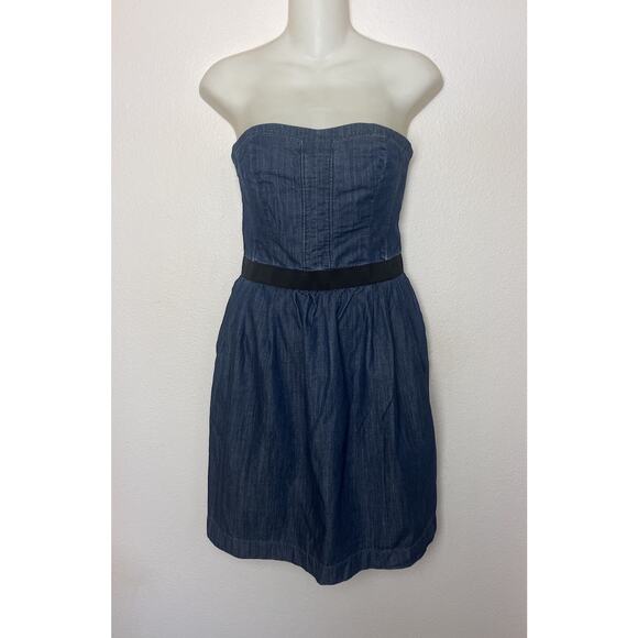 Club Monaco Blue Denim Bustier Strapless Smocked Pocket Dress Women’s Sz 4 - Picture 2 of 10